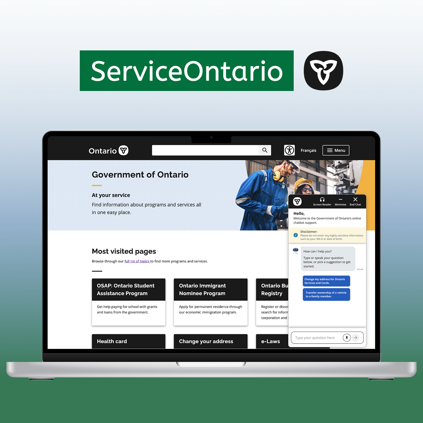 From Friction to Flow: ServiceOntario chatbot redesign on a laptop mockup