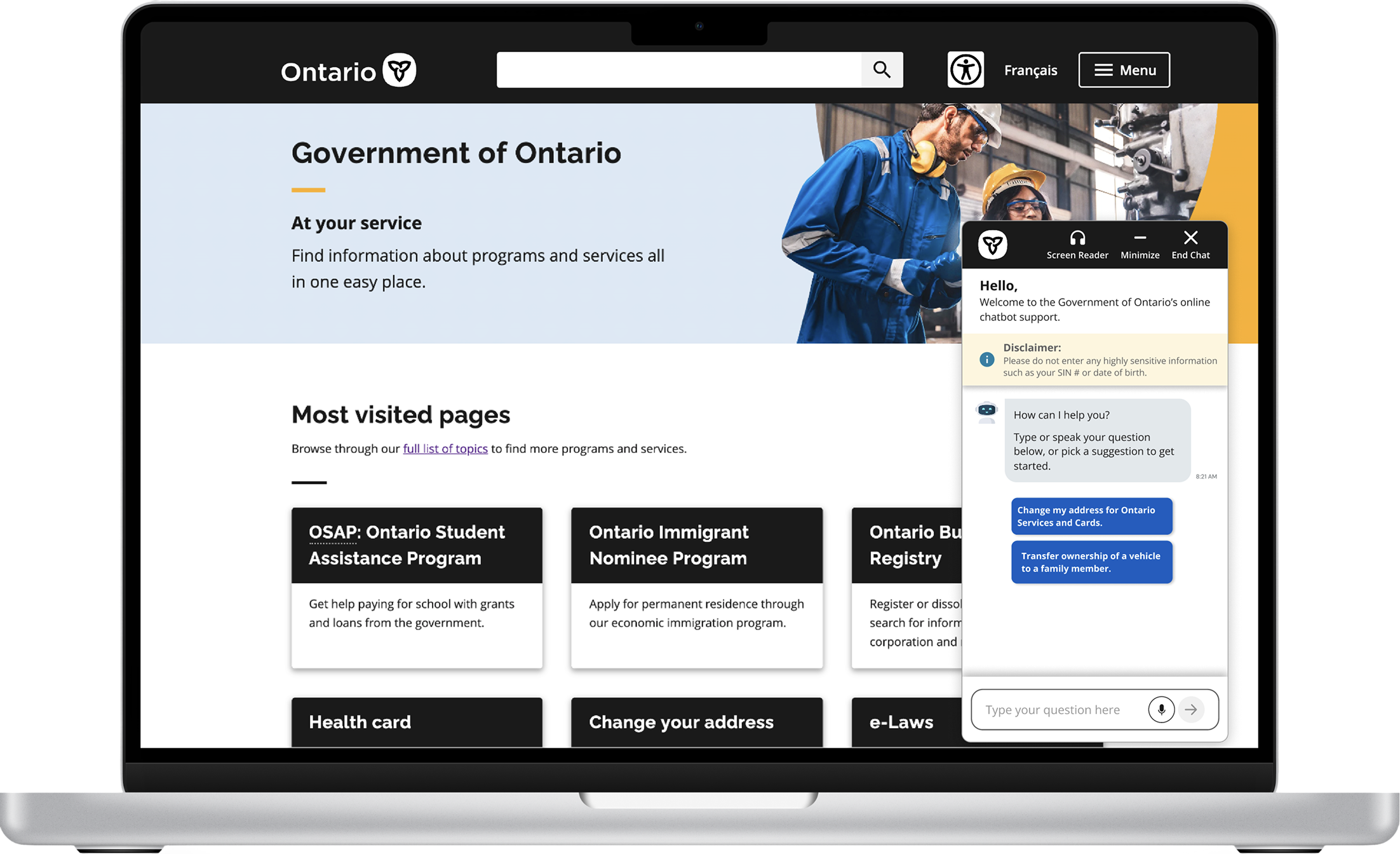 Final chatbot mockup on the ServiceOntario page