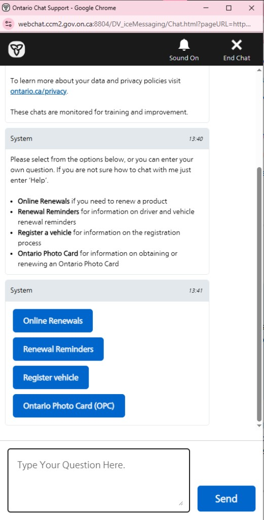 Legacy Ontario Chat Support in a separate Chrome window: rigid menu buttons, redundant option lists, and a large free-text field